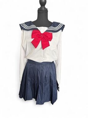 Sailor Schoolgirl Style Top & Pleated Skirt Set with Red Bow